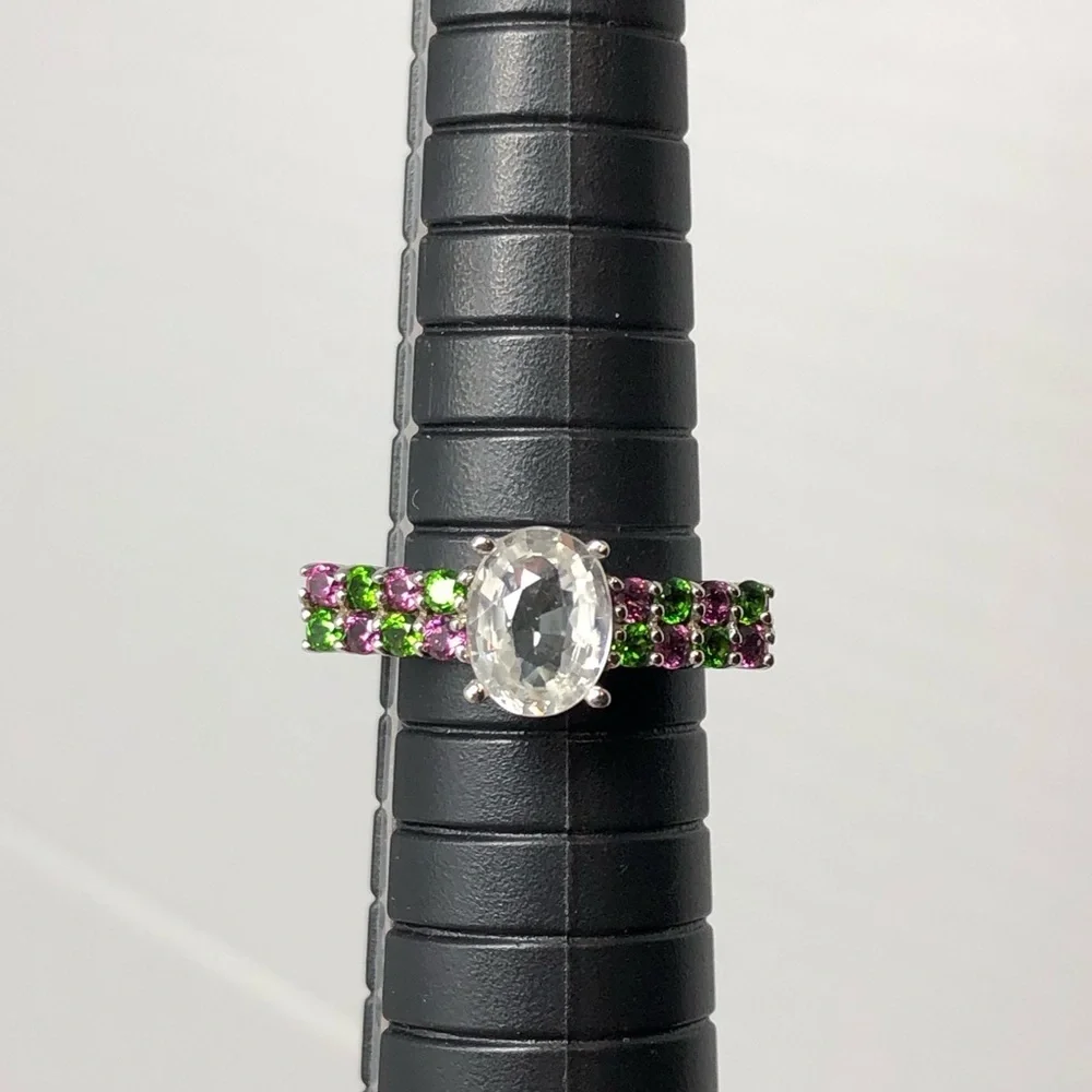 White Topaz Ring Green & Purple Secondary Stones